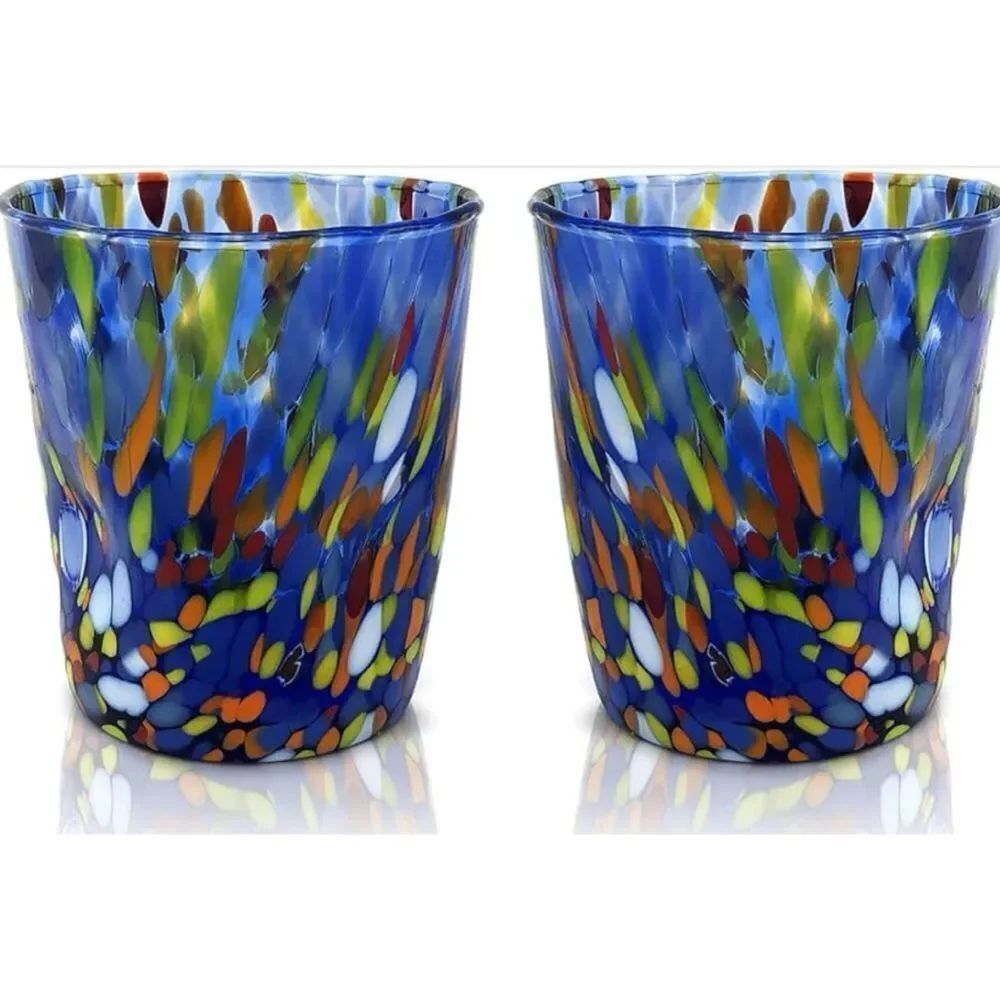 Vintage Murano Murrine Multicolor Handblown Glass Tumblers ~ Set of 2